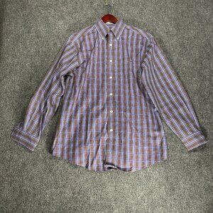 Orvis Shirt Mens Medium Button Down Brown Blue Plaid Cotton Pocket Long Sleeve